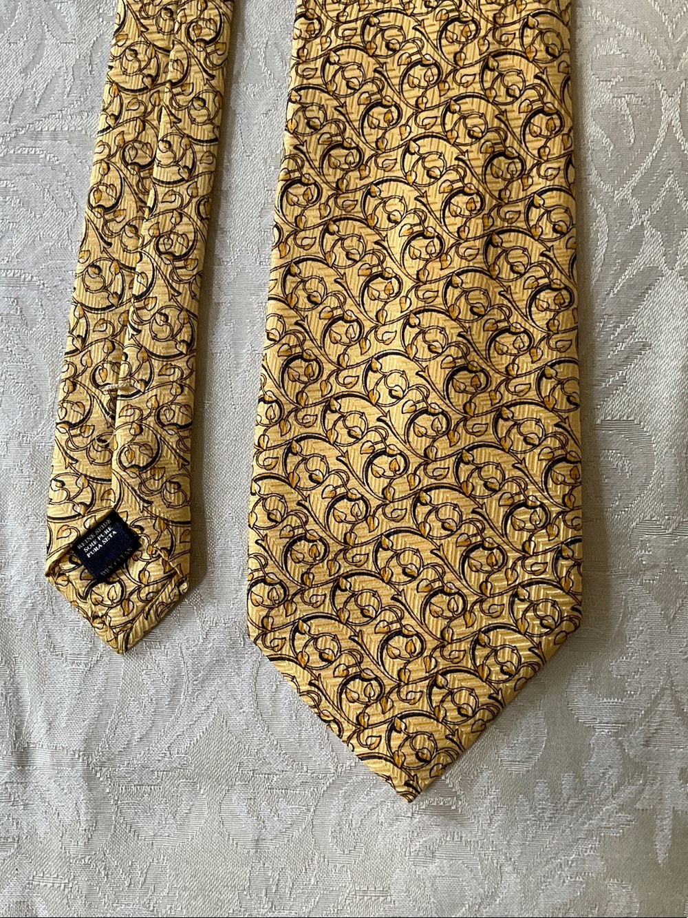 Burberry Yellow and Brown Scroll Pattern Silk Tie